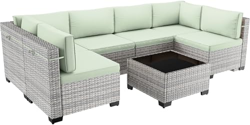 Image of Outdoor PE Wicker Rattan Modular Patio Sectional Sofa Set | 7-Piece: 6 Modular Seats & Coffee Table with Thick Cushions, Light Green