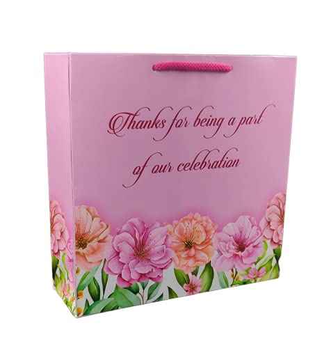Arrow Paper Products Pink Floral Thank You Big Paper Gift Bags for Baby Shower Return Gift, Small Presents, Weddings, Birthday, Holiday Presents, Pack of 50 (9x9x3inches)