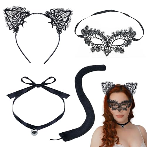 EUPSIIU 4 piezas Kit Disfraz de Gato Accesorios Diadema Orejas de Gato Sexy Encaje Mascara Catwoman Máscara de ojos Disfraz Favores Fiesta Disfraces Suministros Fiestas Halloween (4 piezas)