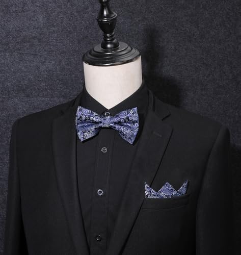 Image of HISDERN Bow Ties for Men Pre-Tied Bow Tie Floral Paisley Handkerchief Classic Formal Bowtie and Pocket Square Cufflinks Set