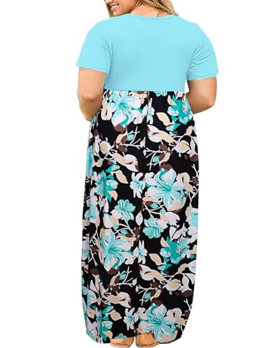 Image of Kancystore Women's Plus Size Maxi Dress with Pockets Summer Dresses XL-5X | Plus Size High Waisted Long Length Beach Dress, Empire Waist Round Neck Casual Dress, Solid Striped Floral Tie Dye Colors