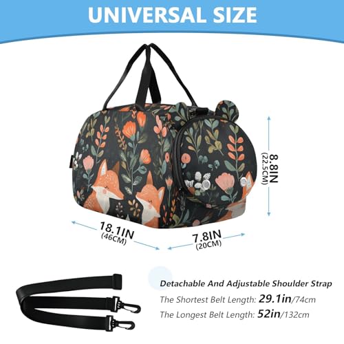 Kids Sports Duffel Bag for Boys & Girls - Cartoon Fox Flowers 100% Polyester Gym Bag with Separate Shoe Compartment, Adjustable Shoulder Strap, Compact Travel & Workout Gear Bag3