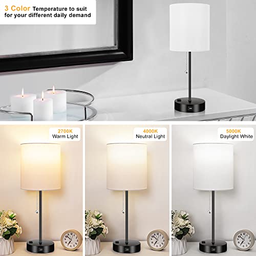 3 Color Temperature Bedside Table Lamps Set Of 2, Modern Small Lamp With Usb And Outlet, Bedroom Lamp For Nightstand With Chain Switch, White Desk Lamp For Living Room, Two Bulbs Included #TOP2