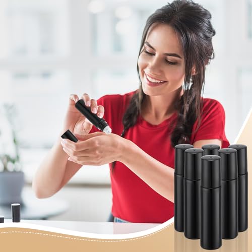 Image of Sumind 150 Pcs Essential Oil Roller Bottles 10 ml Glass Empty Roll on Bottles with Stainless Steel Balls Leak Proof with 5 Funnel for Travel Essential Oil(Black)