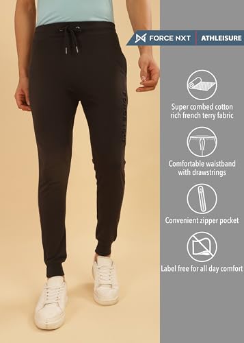 Image of Force NXT Men's Super Combed Cotton Rich French Terry Fabric Solid Joggers | Active Joggers for Men | Comfortable Waistband with Zipper Pocket for Daily Workout