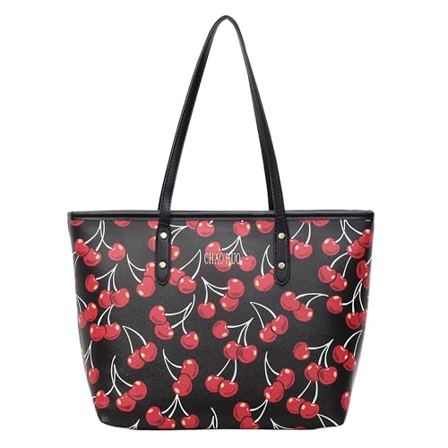 Image of hibear Cherry Print Tote Bag for Women Bow Shoulder Handbag Trendy Faux Leather Top-Handle Bag with Cherry Accessories