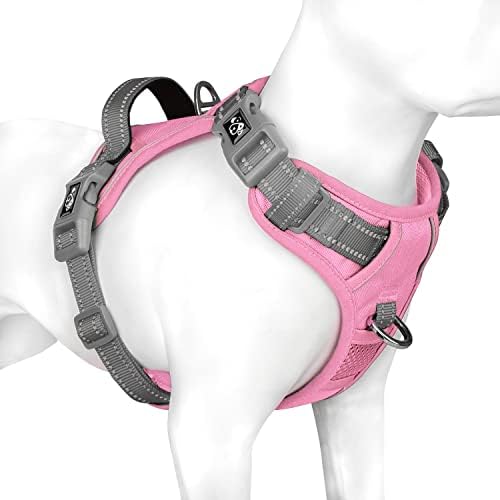 PHOEPET No Pull Dog Harness, Unique Colors Reflective Adjustable Dog Vest, with Soft Training Handle Metal Clips for Small Medium Large Dogs (Baby Pink Base & Grey Straps,M)