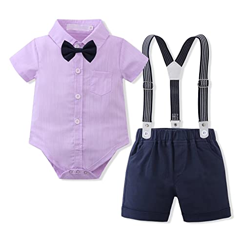 Newborn Infant Baby Boys Summer Gentleman Suspenders Shorts Bowtie Shirt Outfit Set Purple Dark Blue 18-24M