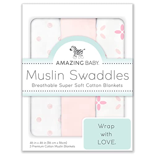 Image of Amazing Baby Cotton Muslin Swaddle Blankets, Set of 3, Pink Springfield