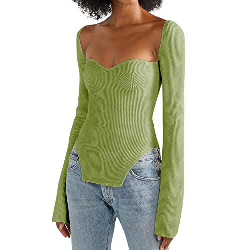 Image of Women's Square Neck Ribbed Knitted Sweater Long Sleeve Crop Slim Fitted Basic Pullover Tops