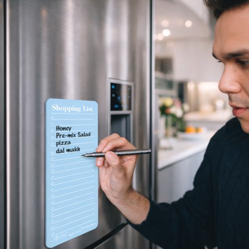 Image of 3 Lines Shopping List Fridge Magnet with Marker|Smart Planning & Shopping for Family, Working Professionals| Acrylic Magnetic Notepad for Kitchen Organisation|12x24 cms|Light Blueberry Color|Large