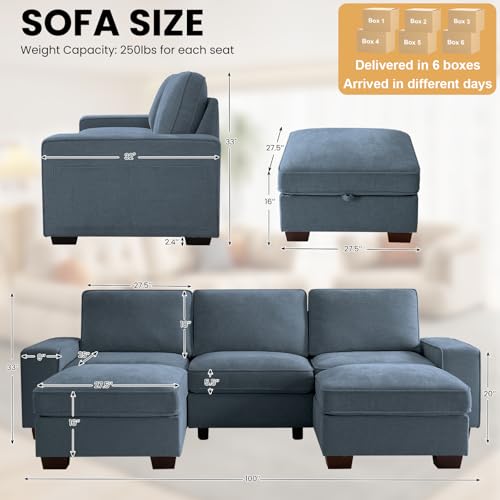 Image of TEKAMON 100 inch Modular Sectional Sofa with Seats Storage, U Shaped Couch with Movable Ottomans, Chenille Fabric Couch for Living Room,Removable Cover(Blue, 3 Seater & 2 Ottomans- U Shape)