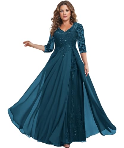Image of HANVAIOS 3 /4 Sleeve Mother of The Bride Dresses for Women Long Chiffon Lace Formal Mother Groom Dress