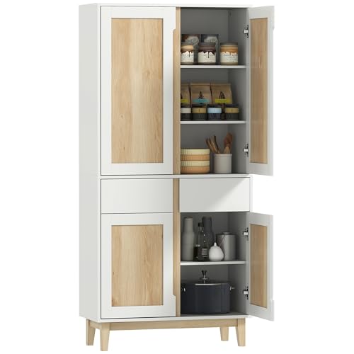 HOMCOM - HOMCOM Buffet Haut Cuisine, Armoire de Cuisine, vaisselier, 4 Portes, 2 tiroirs, étagères réglables, Pieds en Bois d'hévéa, Meuble de Rangement pour Salon, Salle à Manger, 80x35x170cm, Blanc et chêne
