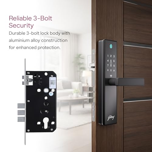 Image of Godrej Smart Lock | Neo Connect Digital Lock for Wooden Door | WiFi, Fingerprint, PIN, RFID Card, Mobile App, Mechanical Key | 5 in 1 Access | 3 Dead Bolts | Black | 3Yrs Warranty Free Installation*