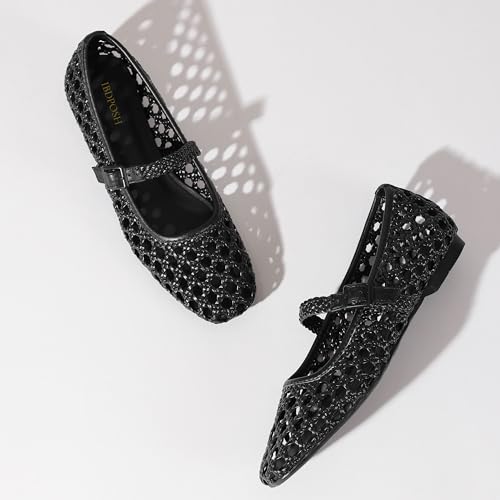 Image of Woven Mesh Ballet Flats Shoes for Women with Elastic Strap Square Toe Breathable Slip On Flat Mary Janes Dress Casual Shoes