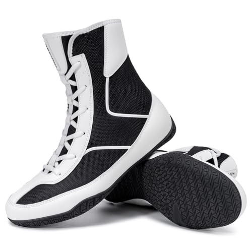 KEFUWU Wrestling Boxing Boots Wide for Men High Top Breathable Lightweight Non-Slip for Competition & Training(8.5 Men Black White)