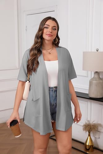 Image of IN'VOLAND Women Plus Size Lightweight Cardigan Short Sleeve Open Front Casual Summer Kimonos Cardigans with Pockets