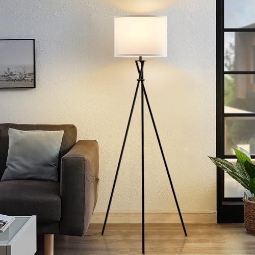 GyroVu Lámpara de Pie Trípode para Sala, Lámpara Moderna con Interruptor de Pie y Pantalla Blanca, Ideal para Sala, Dormitorio u Oficina (Sin Bombilla)