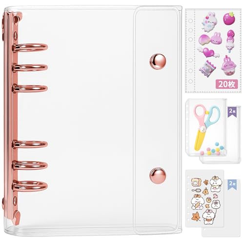 GOKEI A6サイズ 透明バインダー シール手帳 ミニ 【バインダー×1個 リフィル×20枚 チャック付きポケット×2枚 下敷き×2枚】プリ帳 カードスリーブ はがせる ポケットサイズ 女の子 ローズゴールドの画像