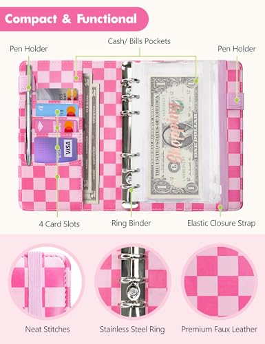 Image of A6 Budget Binder for Money Saving, PU Leather Budget Planner with 8 Cash Envelopes, Budget Sheets & Rose Gold Category Stickers, Money Organizer for Cash (Hot Pink Checkered)
