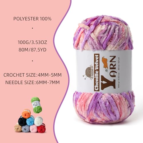 Image of 4 Pack Plush Chenille Chunky Yarn - Fluffy Velvet Yarn Crochet for Blanket Knitting and Crocheting - Soft Baby Yarns for Crocheting - Amigurumi Crochet Yarns 100g (87yds) (4 Pinkish Purple)