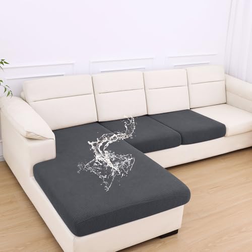 hyha Waterproof Couch Cushion Covers for Pets, Non Slip Sofa Seat Cover for Dogs Washable, Soft Thick Stretch Jacquard Fabric, Sofa Slipcovers with Elastic Bottom (1 Chaise+2 Seater, Grey)