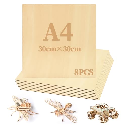 AolKee Lot de 8 feuilles de contreplaqué - 300 x 300 x 3 mm - En bois de basse non fini - Pour artisanat du bois, modèle, artisanat, peinture, gravure, projets laser, stenciling, décoration
