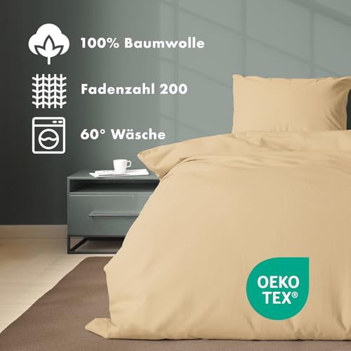 JACOBSON Bettwäsche 135x200 Set - 100% Baumwolle Bettbezug 135x200 cm + 1 Kissenbezug 80x80 cm, Perkal Bettwäsche 2-teilig mit Reißverschluss (135x200cm, Beige, 2-teilig)