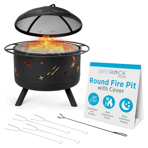 BIRDROCK HOME 30″ Round Wood-Burning Fire Pit – Portable Outdoor Patio & Garden Fire Bowl with Stars & Moon Cut-Outs, Spark Screen, Built-in Grate, 4 Roasting Sticks & Fire Poker - Black
