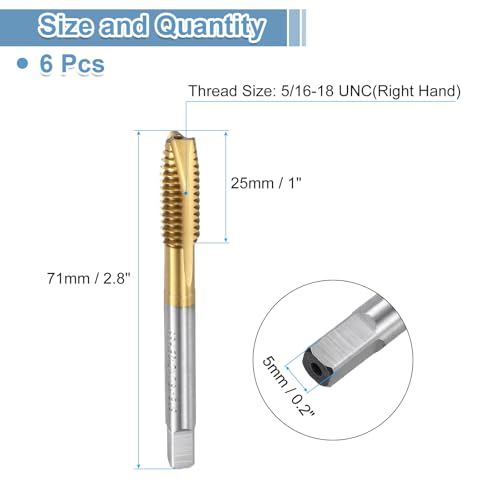QUARKZMAN 6 Stück Maschine Gewindebohrer Spitze 5/16-18 UNC Spitzengewindeschneider HSS6542 Universelle und Hochwertige Gewindebohrer Titanbeschichtete Oberfläche