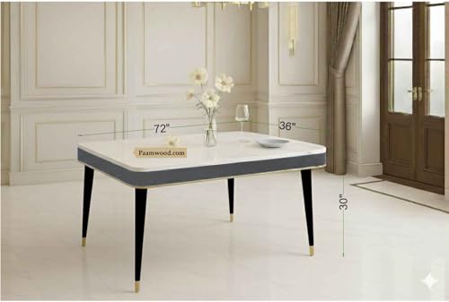 Image of Swiss Modern Dining White Marble Top Table Set with Sheesham Wood Legs, 6 Seater with Upholstered Chairs (71x36x30 Inches) (Black)
