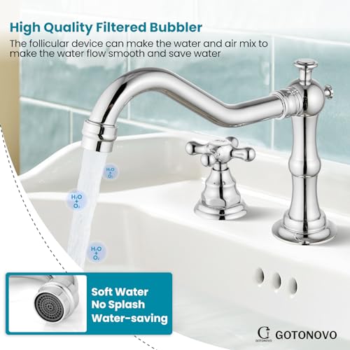 Gotonovo B081C84YFS Widespread Bathroom Sink Faucet Double Cross Knobs Polish Chrome 3 Hole Mixing Tap Deck Mount thumb #4