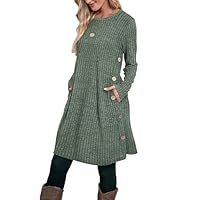 Jescakoo Womens Long Sleeve Dress Casual Fall Dress with Pockets Buttons Side Sage Green L
