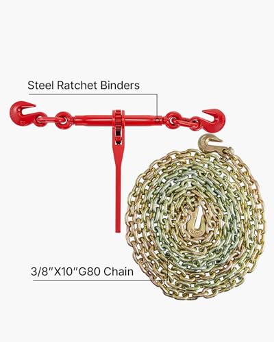 Image of VEVOR Chain and Binder Kit 3 /8 in-1 /2 in, Ratchet Load Binders 8267 lbs Working Strength, Ratchet Binders and Chains, 3 /8 in x 10 ft G80 Chains with G70 Hooks, for Truck, Tie Down, Hauling, Towing