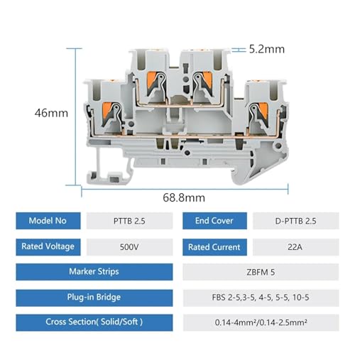 Bornier à rail DIN PTTB-2.5 sans vis pour câblage rapide double couche - 2