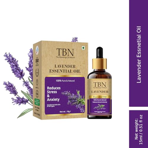 Image of TBN 100% Pure Lavender Essential Oil for Aroma Therapy, Stress Relief, Hair, Skin | Lavender Essential Oil For Diffuser, Cold & Cough & Pain Relief - 15ML