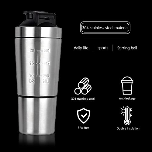 HIULLEN Roestvrijstalen proteïneshaker, 600 ml, proteïneshaker, roestvrij staal, fitness eiwitshaker, met 2 roerballen… - Image 3
