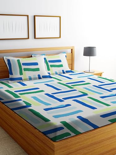 Image of DECORUM Glace Cotton Fitted 1 Bedsheet King Size (72 inchx78 inch) | All Around Elastic | Cotton Feel | 2 Pillow Covers (17 inchx27 inch) | Fits Up to 8 inch Mattress | 200-220 TC | Printed Double Bed Sheet Set