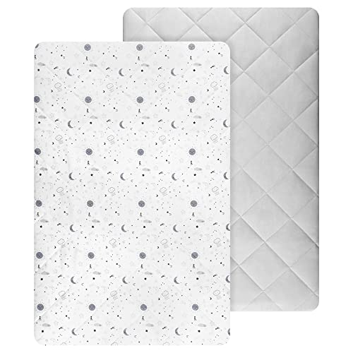 Image of TILLYOU Pack and Play Sheets Pad 2 Pack - Waterproof Play Yard Playpen Sheets Pad, Soft Quilted Sheets with 1''-3'' Deep Pocket, Breathable and Fluffy, The Little Sun Print & Light Grey