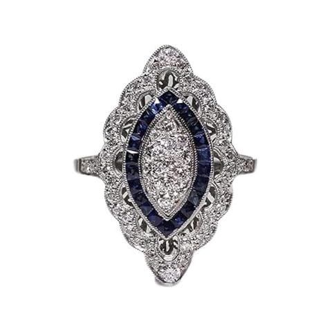 Cutesmile Antique Edwardian Silver Filled Blue Sapphire CZ Crystal Eye-Shape Ring Band (10) Cover