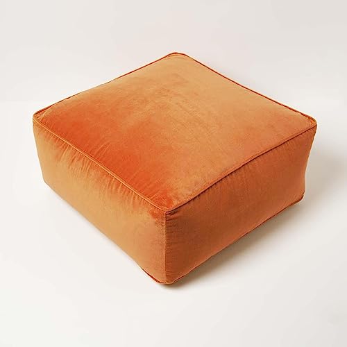 HOMESCAPES Burnt Orange Velvet Pouffe Cube 60 x 60 cm Square Bean Bag with 100% Cotton Velvet Cover & Piped Edging Large Plush Footstool for Living Room - Image 2