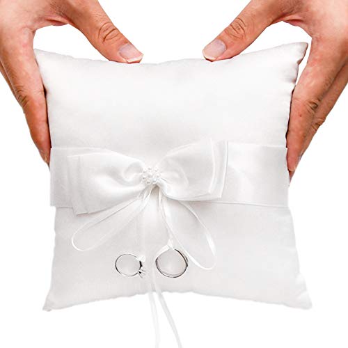 Image of Little World Ring Pillow Pearls, Decor Bridal Wedding Ivory Ring Bearer Pillow, 7.8 Inch x 7.8 Inch (White) (Pack of 2)