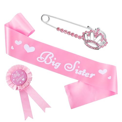 Heclia Juego de accesorios de 3 piezas para hermana mayor con banda para hermana mayor, pin de insignia y corona de flores para fiesta de baby shower, juego de accesorios para niñas, graduación