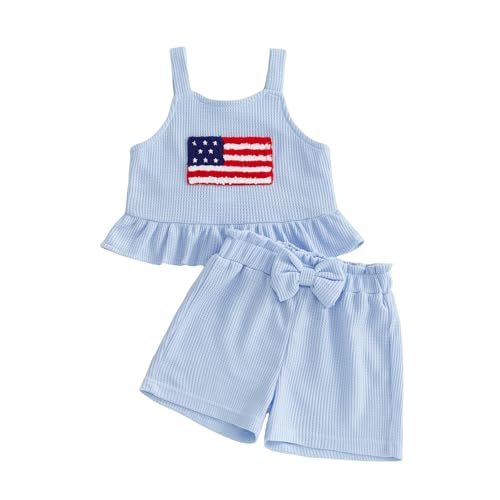 GOOCHEER Toddler Girl Clothes Baby 4th of July Outfit Ruffle Sleeveless Vest Tank Top Shorts Set 12 18 24 Month 2T 3T 4T 5T (Blue 2-3T)