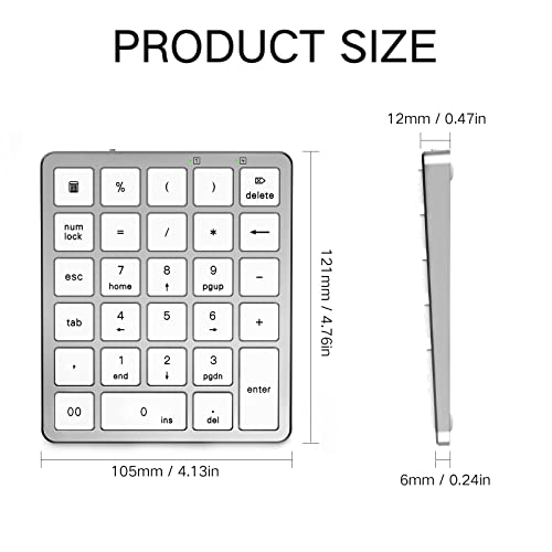 PINKCAT Wireless Number Pad, 28 Keys Numeric Keypad with 2.4G Mini USB Receiver, Portable Number Numpad Financial Accounting for Laptop, PC, Notebook, Desktop, Surface Pro - Silver - Thumbnail 2