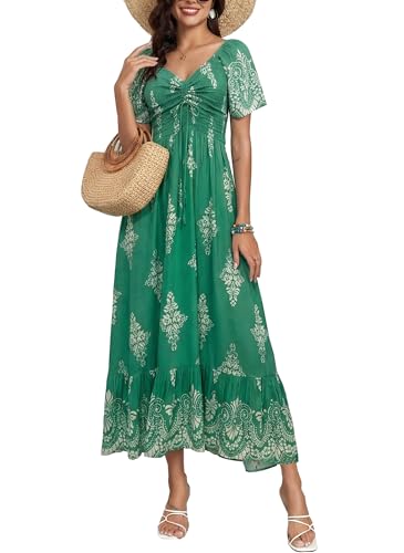 Image of Summer Smocked Boho Maxi Dress for Women 2026 Short Sleeve Floral Smocked Flowy Ruffled Beach Vacation Dresses Lightweight
