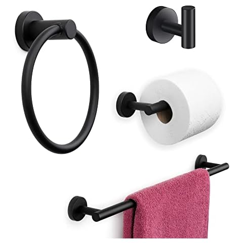 Marmolux Acc - 4 Piece Matte Black Bathroom Hardware Set - Bathroom Towel Rack Set, Bathroom Towel Holder & Wall Mounted Bathroom Fixtures - Stainless Steel Matte Black Bathroom Accessories Set. Cover