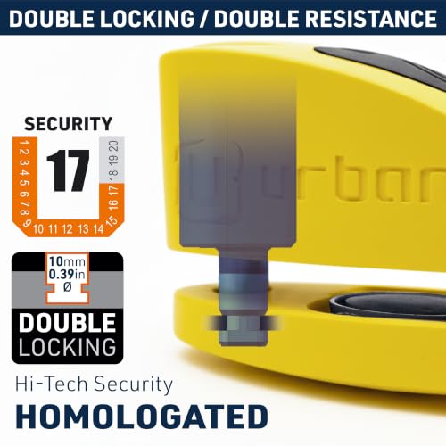Image of Urban UR910Y Motorcycle Lock with /Without Alarm 120 dB, Yellow+Black Painted Stainless Steel +Deterrent, SRA & Sold Secure Gold Approved, Double Lock O10 mm, CR2 Battery, Wheel Disc Brake