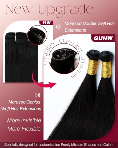Image of Moresoo Genius Weft Hair Extensions Human Hair, Natural Black, 16 Inch 50g | Made with Remy human hair, smooth feel and natural blend for office styles, daily wear and salon looks